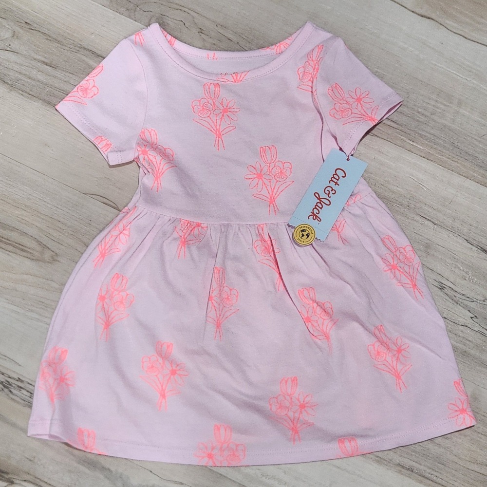 Cat & Jack Baby Girls Pink Floral Short Sleeve Dress with Bloomers 18M NWT